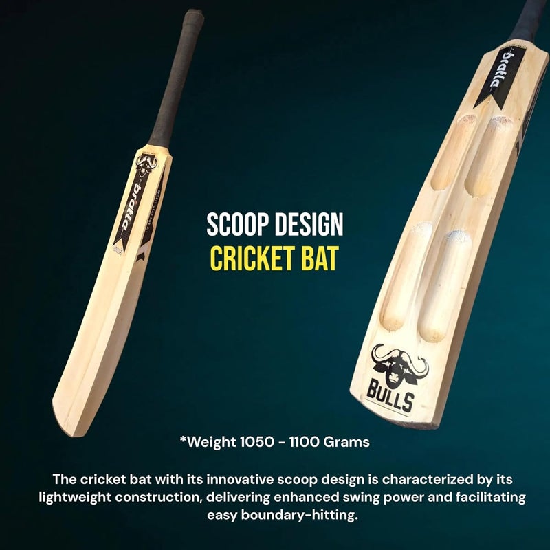 Bratla Bulls Kashmir Willow Cricket Bat for Hard Tennis Ball Scoop Design Bat - Adult Size, Lightweight Wooden Soft Tapeball Cricket Bat - Image 2